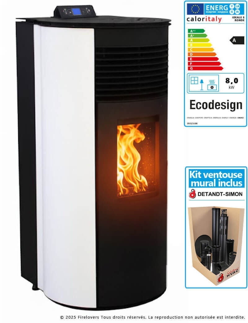 Pack Ideale S Rond 12kW Poêle à granulés étanche + kit ventouse mural