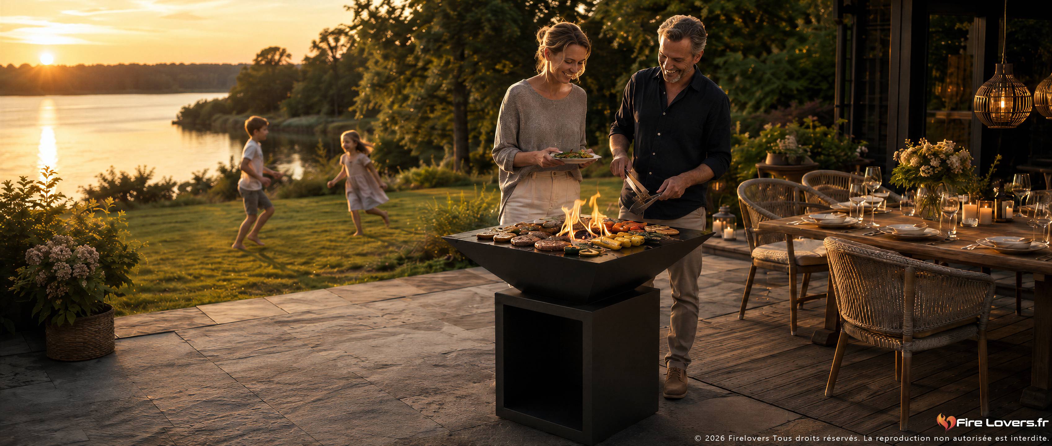 Brasero plancha ATMECO dans une cuisine extérieure conviviale Firelovers